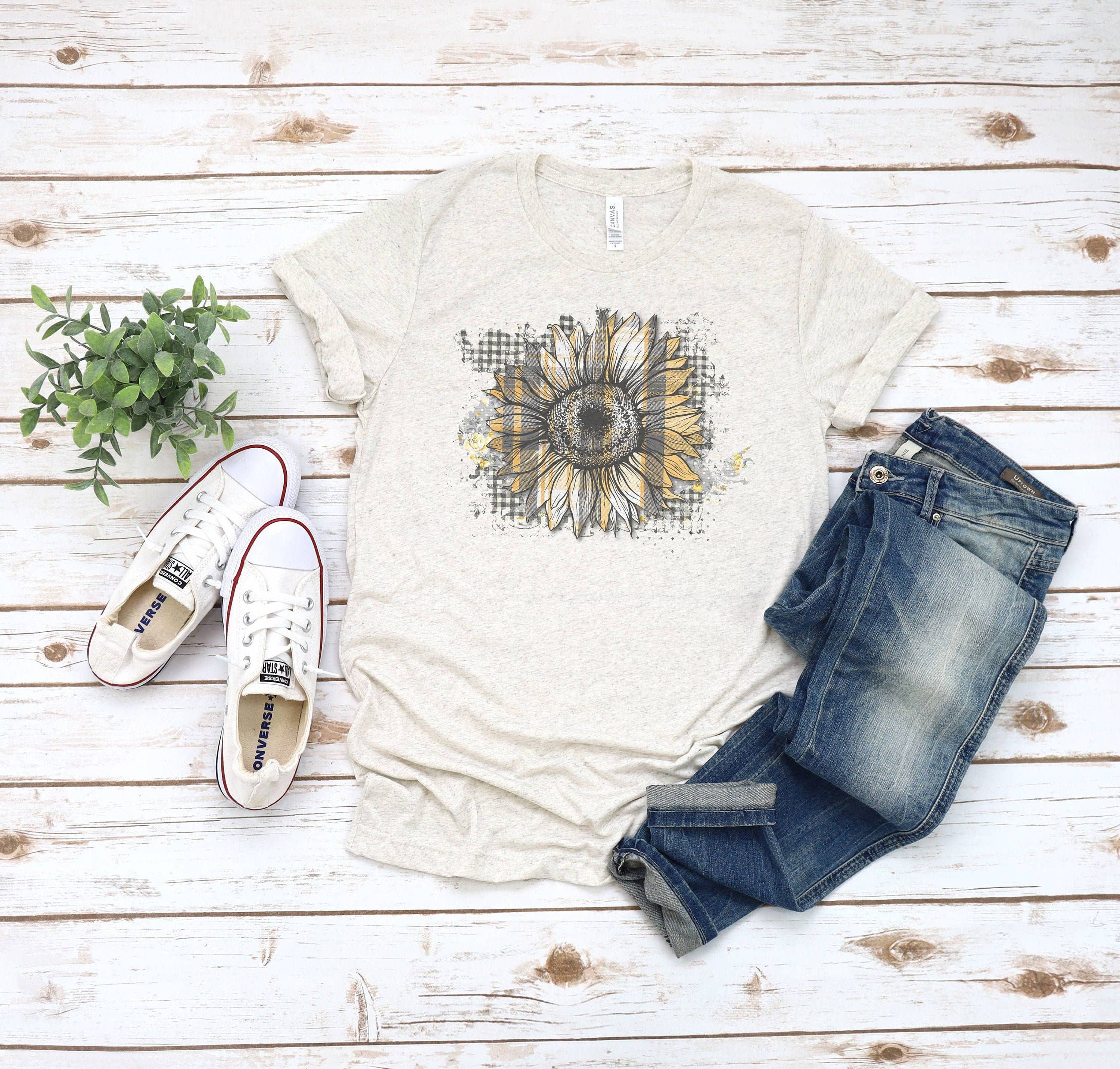 Plaid Sunflower Tee | Botanical Tshirt Hoodie, Sweatshirt | PodWearCo.com