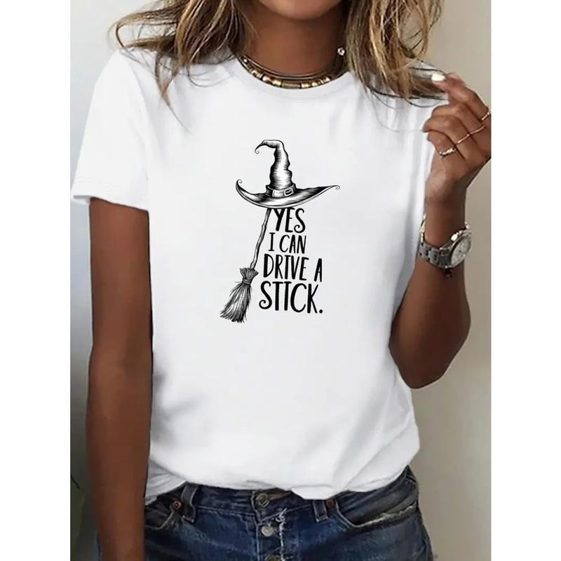 [100% Cotton] 1Pc Women'S Witch Graphic T-Shirt - "Yes I Can Drive A Stick" Print, Casual All-Season Sportswear, Black...