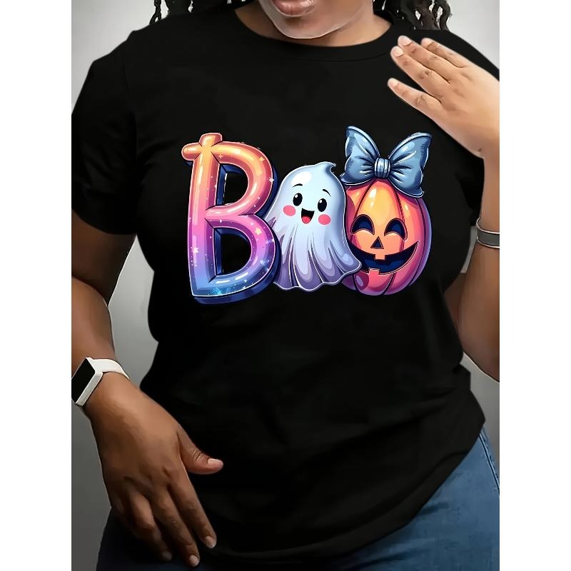 [100% Cotton] Plus Size Women'S Halloween Graphic T-Shirt - "Boo" With Ghosts & Pumpkin Design, Casual Round Neck Short...