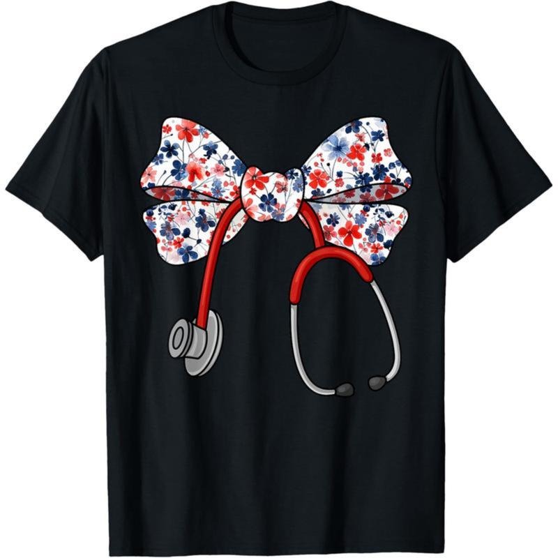 [100% Cotton] Thanksgiving Gift T-Shirt American Nurse  Patriotic USA Flag Bow T-Shirt Golf Gift T-Shirt For Men And...