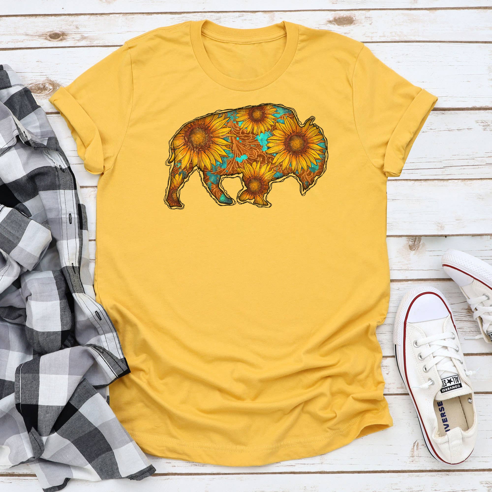 Western Sunflower Bison Graphic Tee Hoodie, Sweatshirt | PodWearCo.com