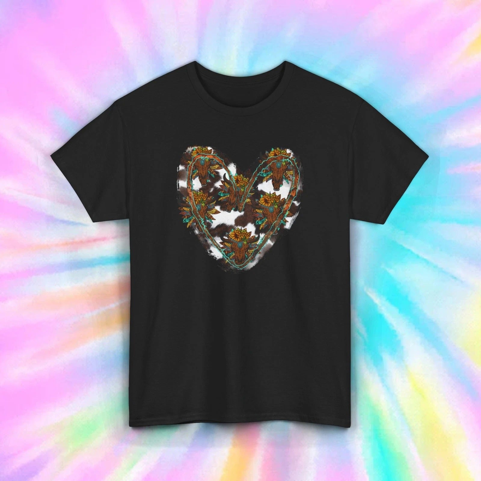 Cow Print Sunflower Heart T-Shirt | Boho Western Graphic Tee S-5XL