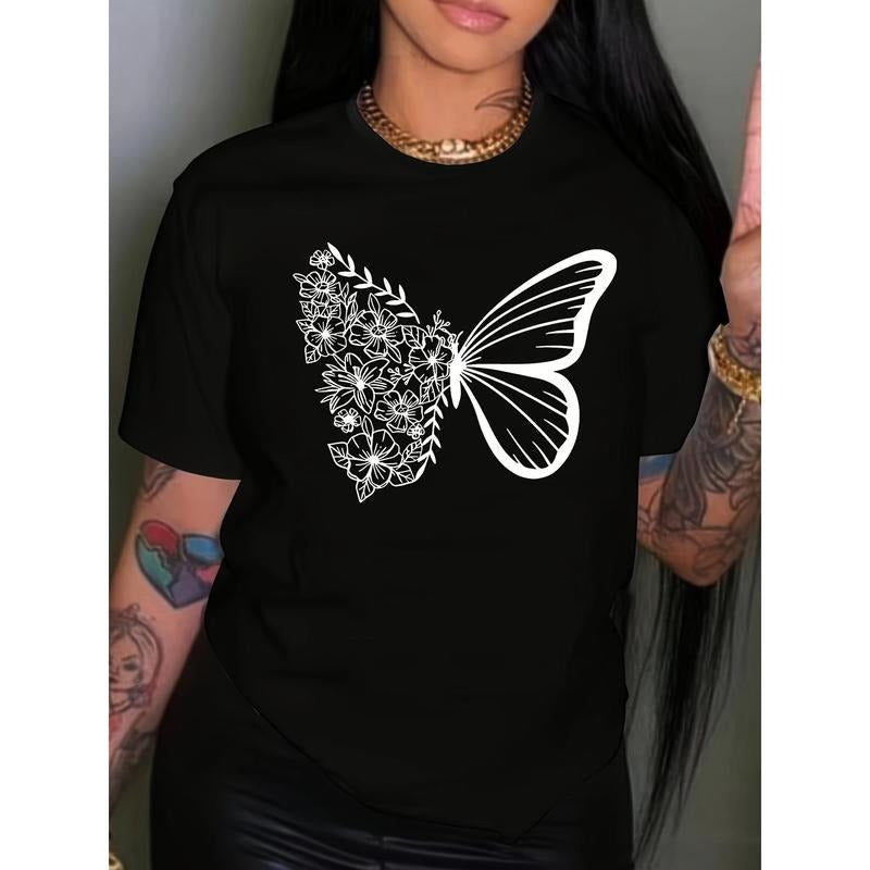 [100% Cotton] Chic Plus Size Butterfly Graphic Tee For Women - Comfy Polyester Blend, Crew Neck, Short Sleeve - Perfect...