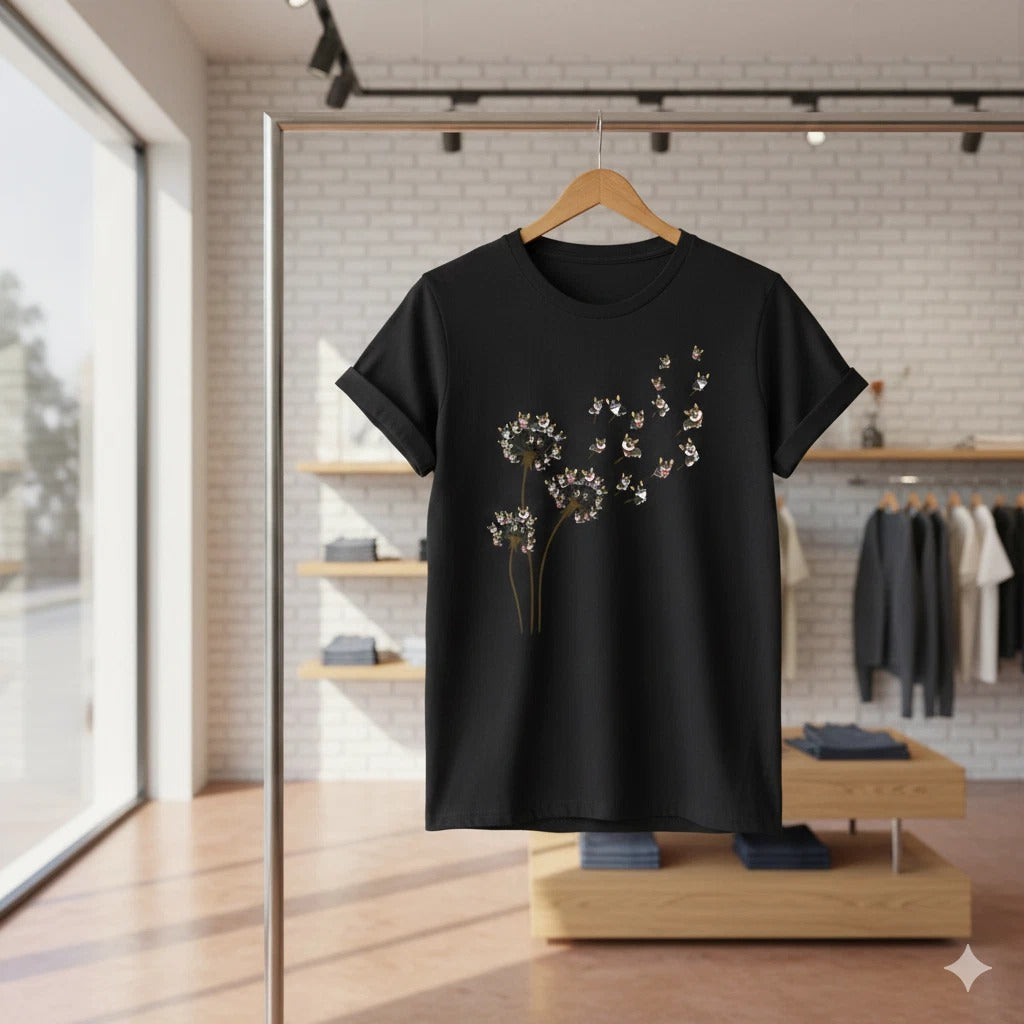 Funny Corgi Dandelion Graphic T Shirt Black Cute Dog Lover Gift Tee - S162