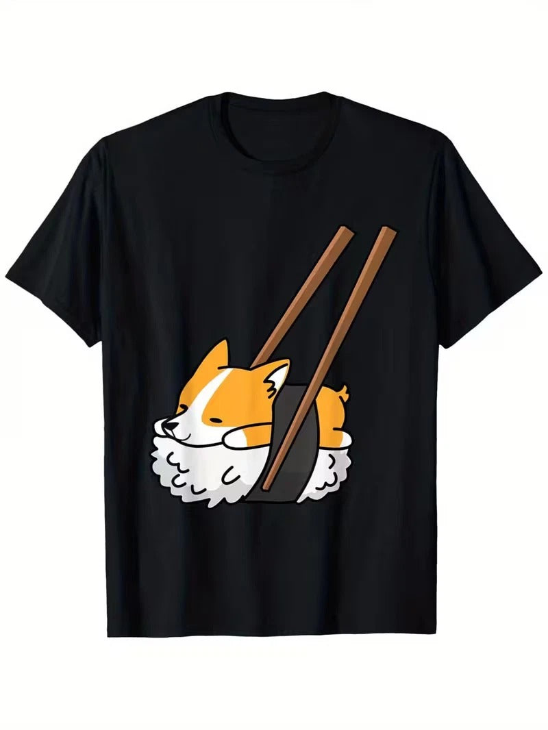 Funny Sushi Corgi T-Shirt - Black with White & Orange Japanese Anime-Inspired Do