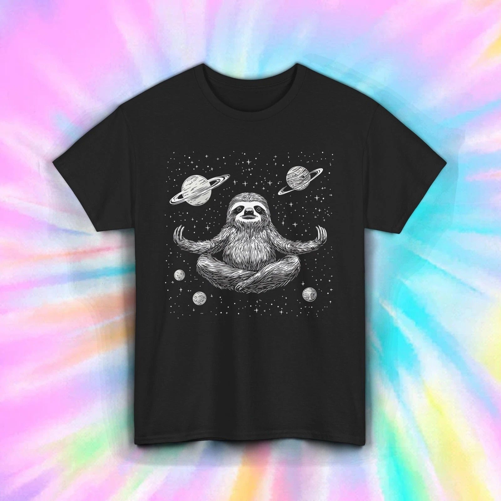 Meditating Sloth in Space Shirt Cosmic Zen Animal Galaxy Vibes Tee S-5XL