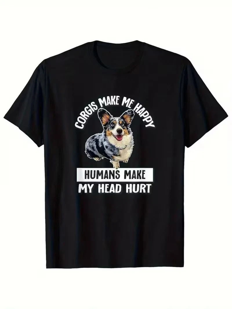 Men's Funny Corgi Dog Lover T-Shirt - "My Head Hurts" Graphic, Black Casual Cott
