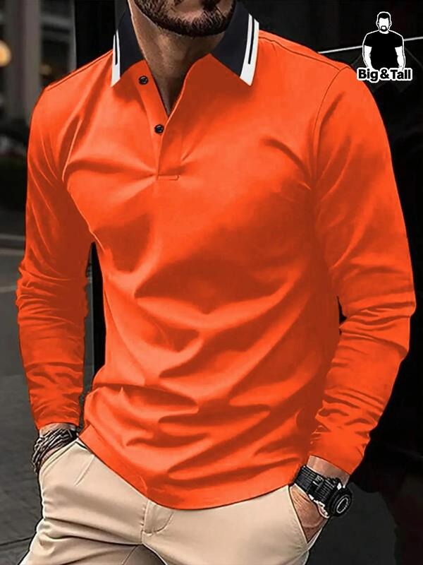 Men's Plus Size Colorblock Collared Half Placket Button Front Polo Shirt, Casual Long Sleeve Top for Spring & Fall, Men's...