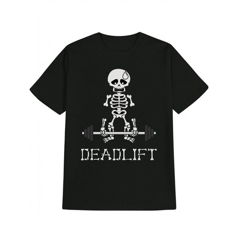 Men's weightlifting and skeleton design Graphic T-Shirt - 100% Cotton Black Short Sleeve Crew Neck Regular Fit Casual...