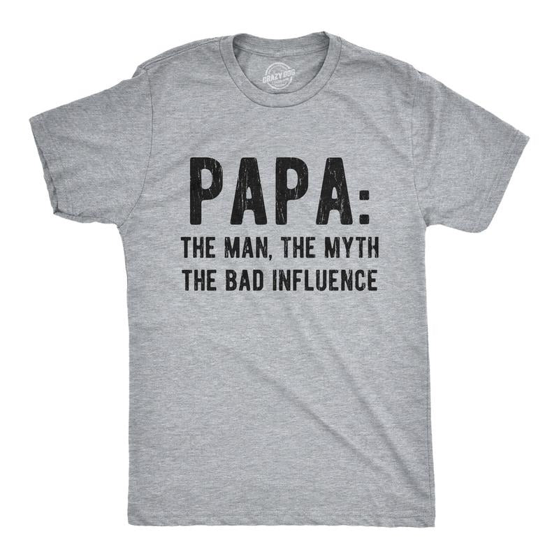 Mens Papa The Man The Myth The Bad Influence T Shirt Funny Fathers Day Grandpa Graphic Tee Mens Funny T Shirts Cool Tees...