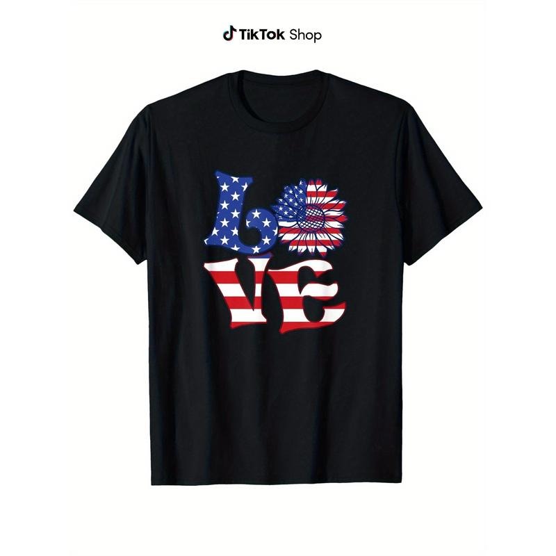 Patriotic I Love USA Sunflower Graphic T-Shirt - 100% Cotton Anti-Shrink Casual Tee with American Flag & Stars Design for...