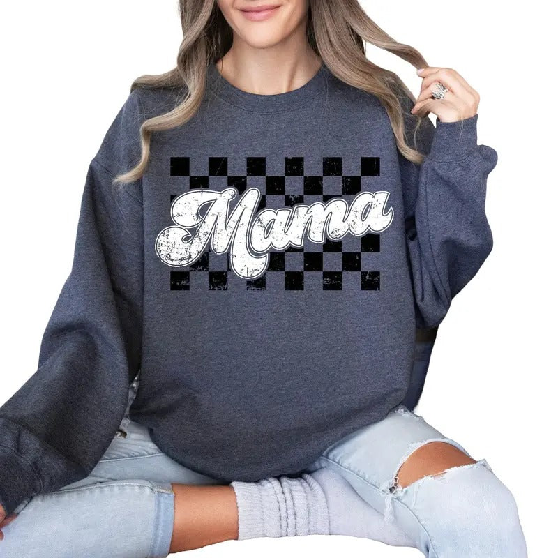 Retro Mama Checkered Sweatshirt, Black And White Sweater, Mother's Day Gift, Mama Checkered, Unisex Sweatshirt, Gifts For...