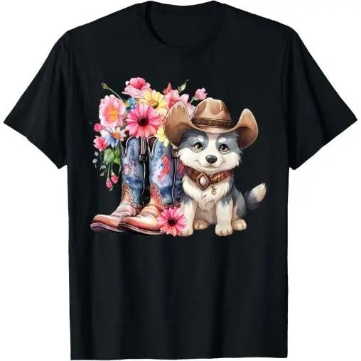 Siberian Husky Dog Cowgirl boots Cowboy hat Sunflower Summer T-Shirt Made in USA Hoodie, Sweatshirt | PodWearCo.com
