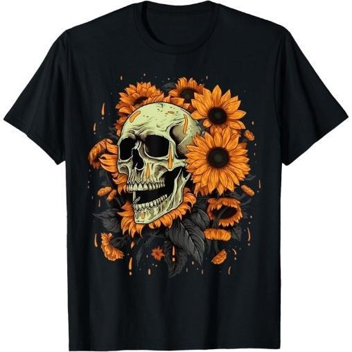 Skull Flowers on Rocker Sunflower Sugar Skull T-Shirt Made in USA Hoodie, Sweatshirt | PodWearCo.com