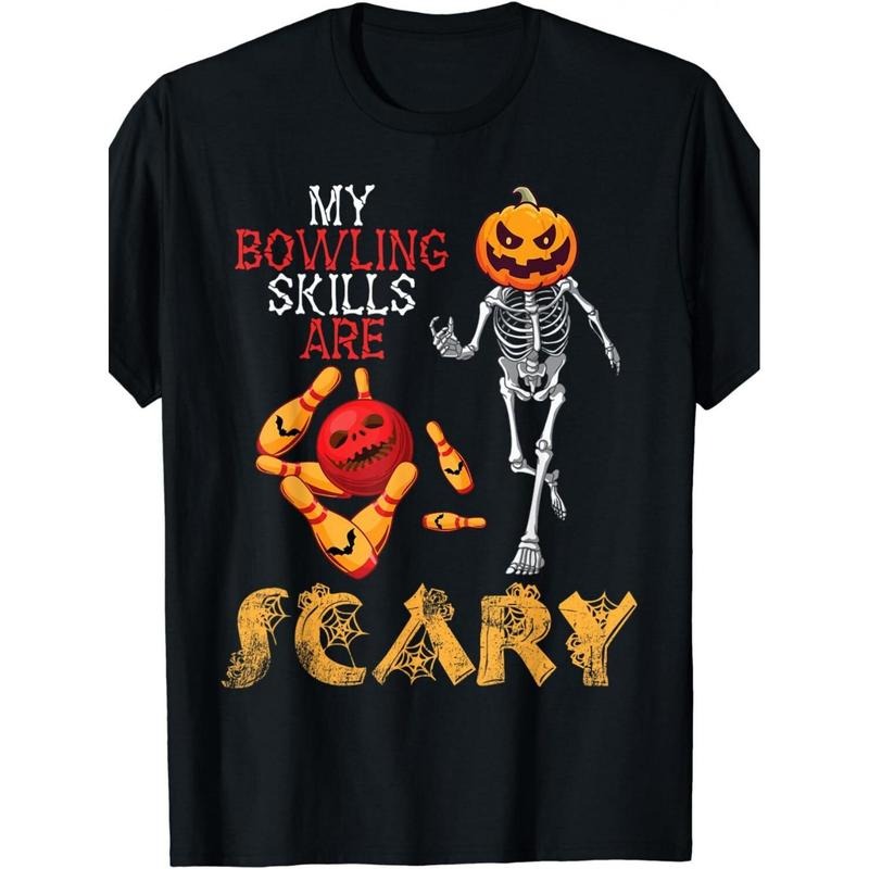 Skull Graphic Halloween T-shirt - Funny Bowling-Themed Design, Humorous "My Bowling Skills Are Horrible" Quote, Soft and...