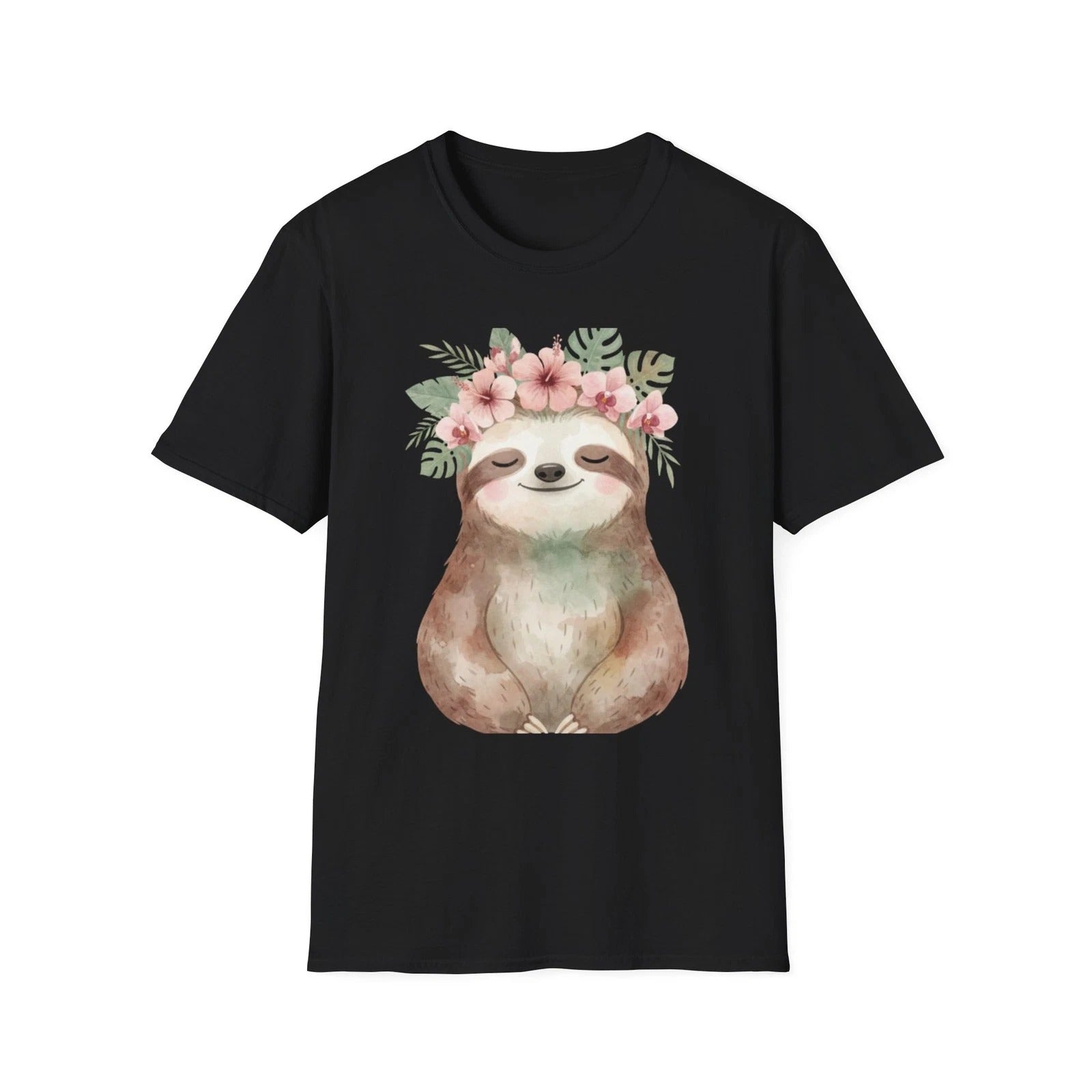 Sloth Floral Watercolor Cute Boho Black Tee Nature Aesthetic T-Shirt