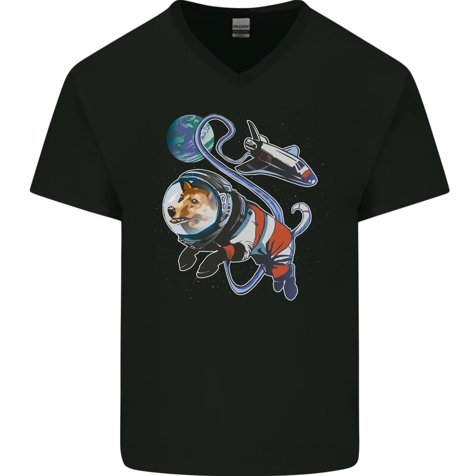 Space Corgi Dog Mens V-Neck Cotton T-Shirt