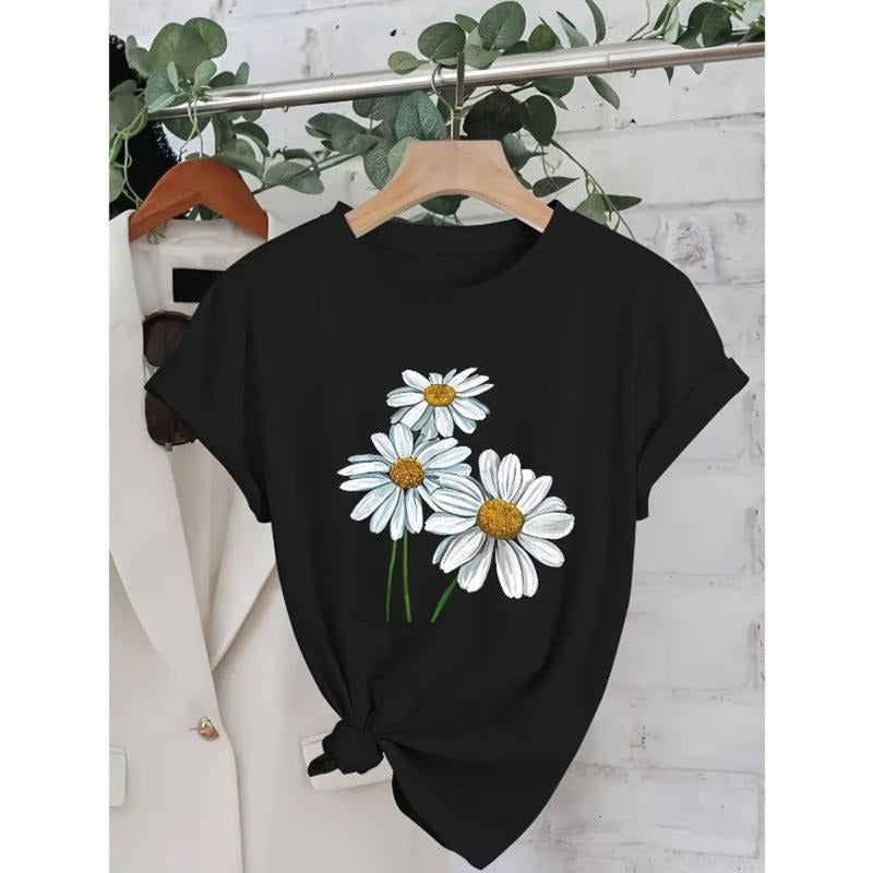 [100% Cotton] Women'S Casual Daisy Print T-Shirt - Short Sleeve, Round Neck, Spring/Summer Fashion Top With Daisies And...