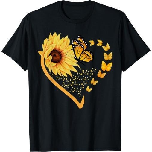 Sunflower Butterfly Heart Summer Floral T-Shirt Made in USA Hoodie, Sweatshirt | PodWearCo.com