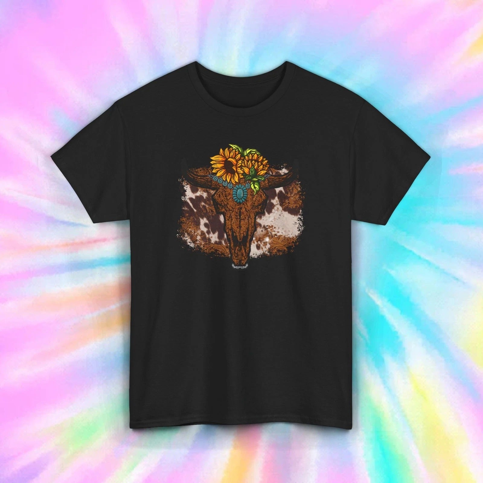 Sunflower Cow Skull T-Shirt | Boho Western Bullhead Graphic Tee S-5XL