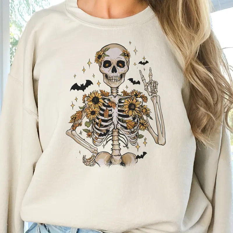Sunflower Skeleton Sweatshirt Halloween Sunflower Skull Pullover Halloween Bats and Skull Hoodie Skeleton Floral...