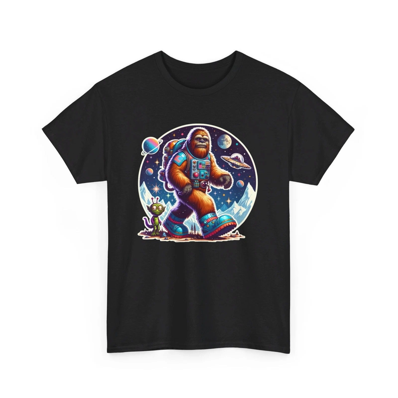 Unisex Adult T Shirt Retro Space Sasquatch Bigfoot Alien Sci Fi Gift Funny Tee