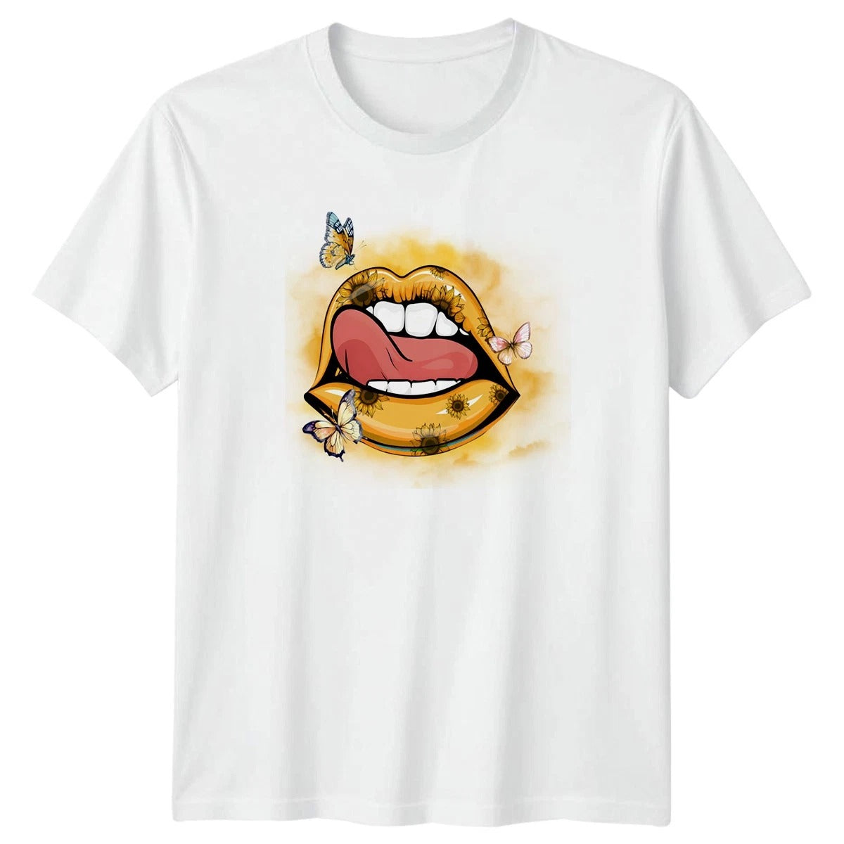 Vibrant Sunflower Lips Butterfly Design Womens T-Shirt Floral Botanical