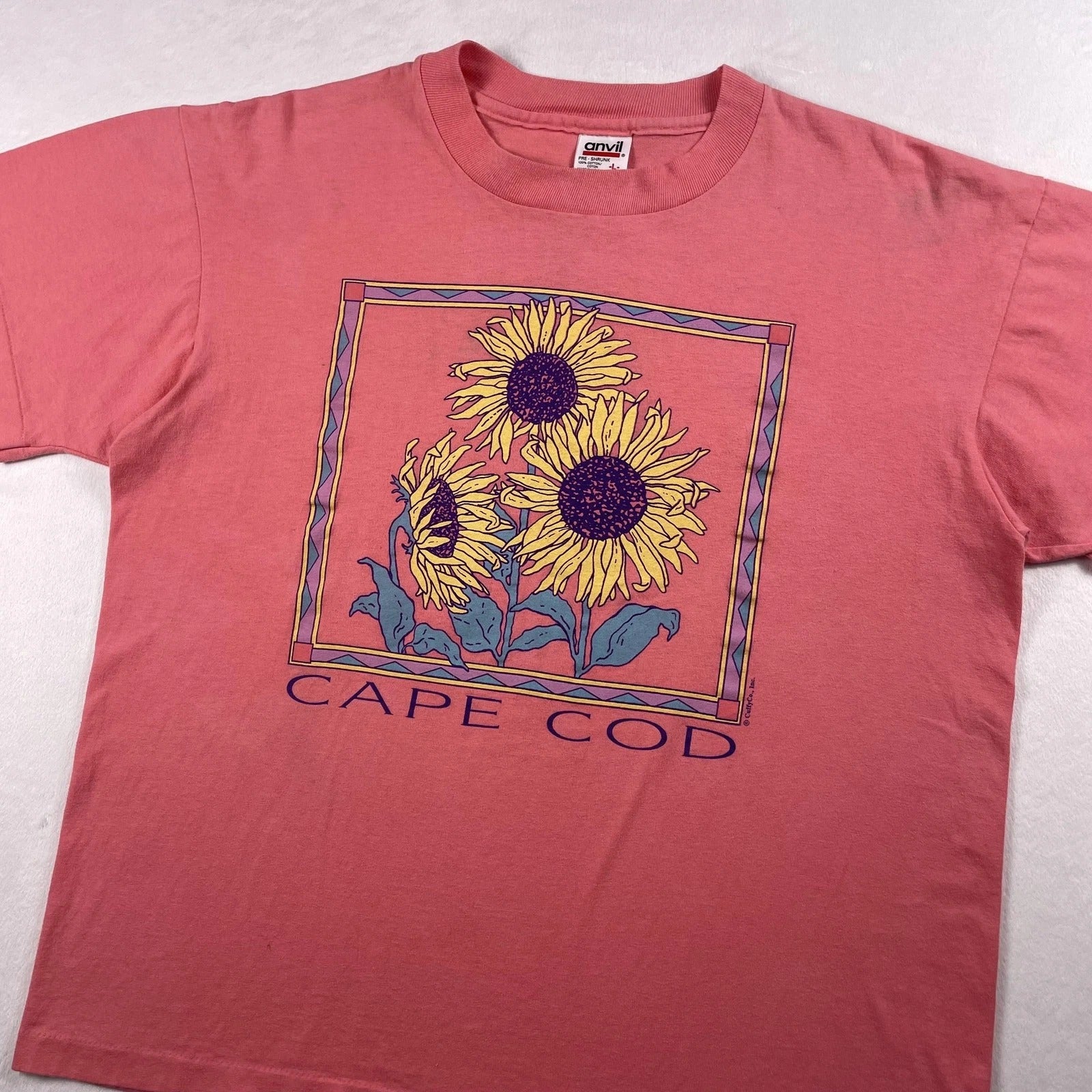 Vtg 90s Cape Cod Sunflower Tee L Pink Art Nature Flower Anvil Single Stitch USA