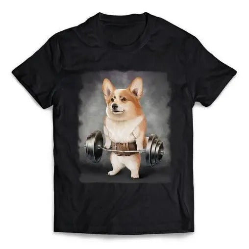 Welsh Corgi Dog Deadlift and Barbell Shrug Routine at Gym - Short-Sleeve Unisex T-Shirt Made in USA Hoodie, Sweatshirt