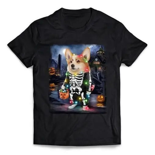 Welsh Corgi Dog in Skeleton Costume for a Spooky Halloween Haunted House - Short-Sleeve Unisex T-Shirt Made in USA...