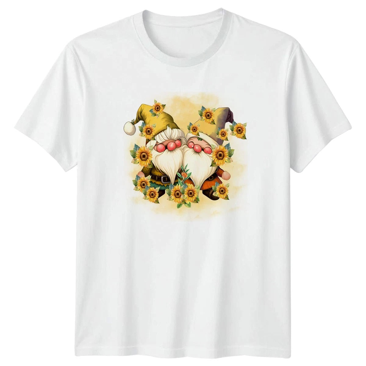 Whimsical Gnome Duo Sunflower Garden T-Shirt Floral Garden Gnomes Gift