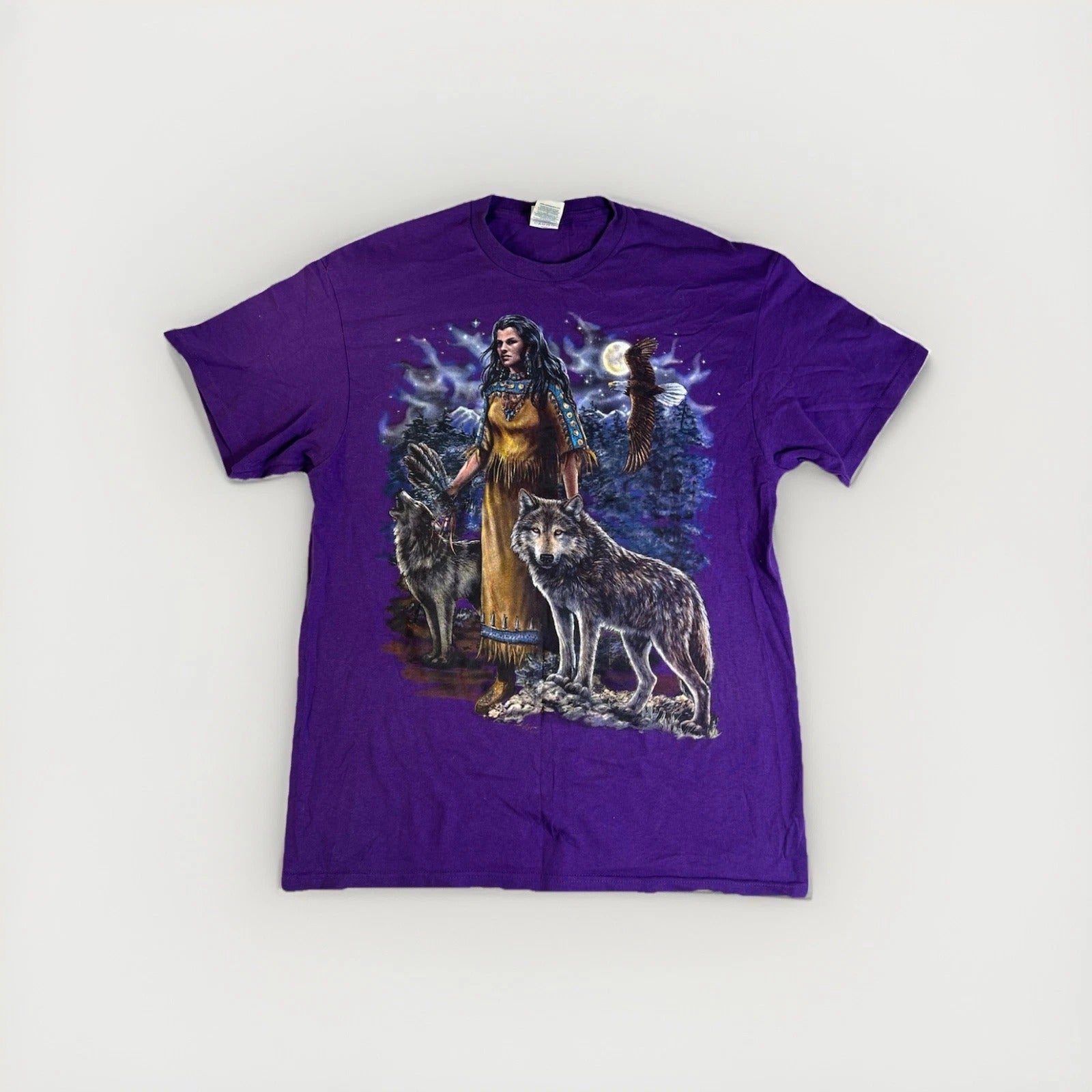 Wolf Moon Native American Woman Eagle T-Shirt L Delta Pro Weight Purple