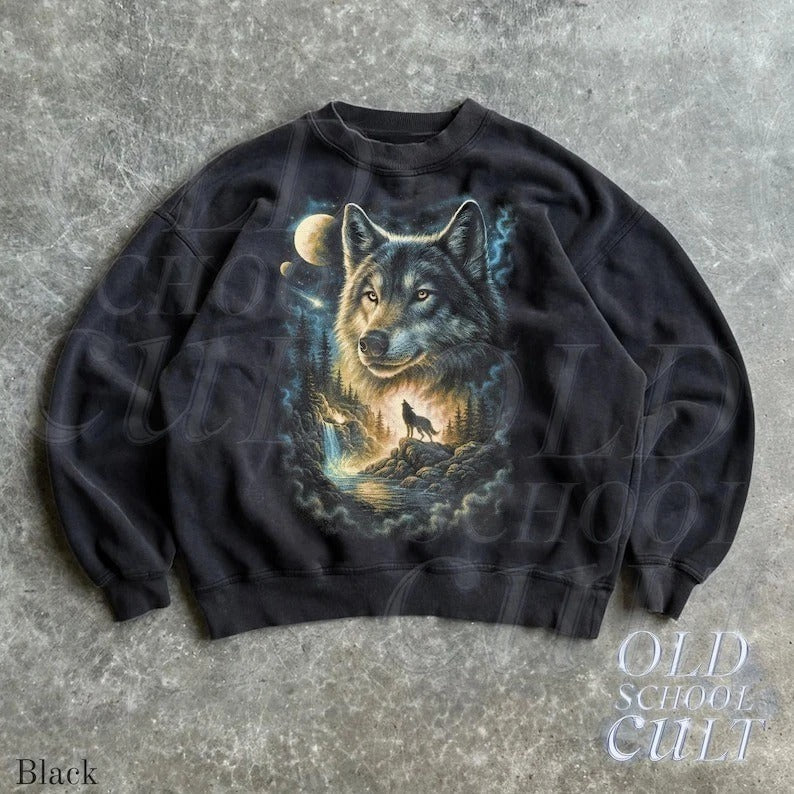 Wolf Vintage 90s Style Sweatshirt, Retro Wolf Sweater, Cute Wolf Moon Sweater