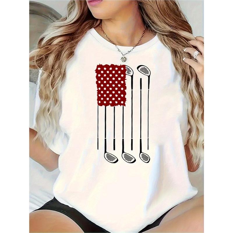 Women's Patriotic American Flag Golf T-Shirt - Breathable Cotton Loose Fit Tee with Golf Clubs & Balls Design, Medium...