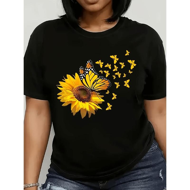 Women's Short Sleeve Round Neck T-Shirt - Semi-Sheer Blouse with Sunflower & Butterfly Print, Casual -Line Top Hoodie,...