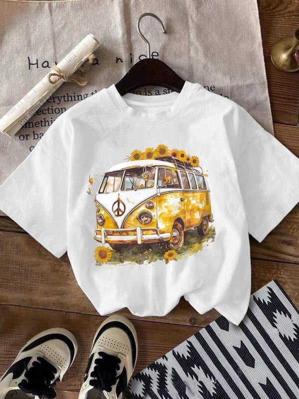 Women's Sunflower & Vintage Bus Print Round Neck Tee, Casual Short Sleeve Crew Neck T-Shirt for Daily Wear, Ladies...
