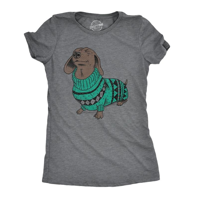 Womens Wiener Dog Ugly Christmas Sweater T shirt Dachshund Pet Owner Mom Tee Funny Womens T Shirts Cute Slimming Top...