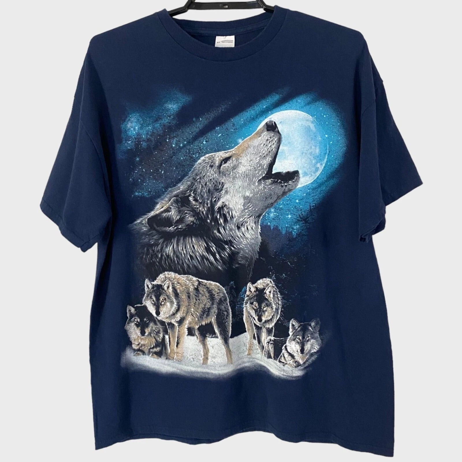 Y2K Wolf Pack Full Moon T-Shirt Men's XL Blue Graphic Short Sleeve Nature Tee