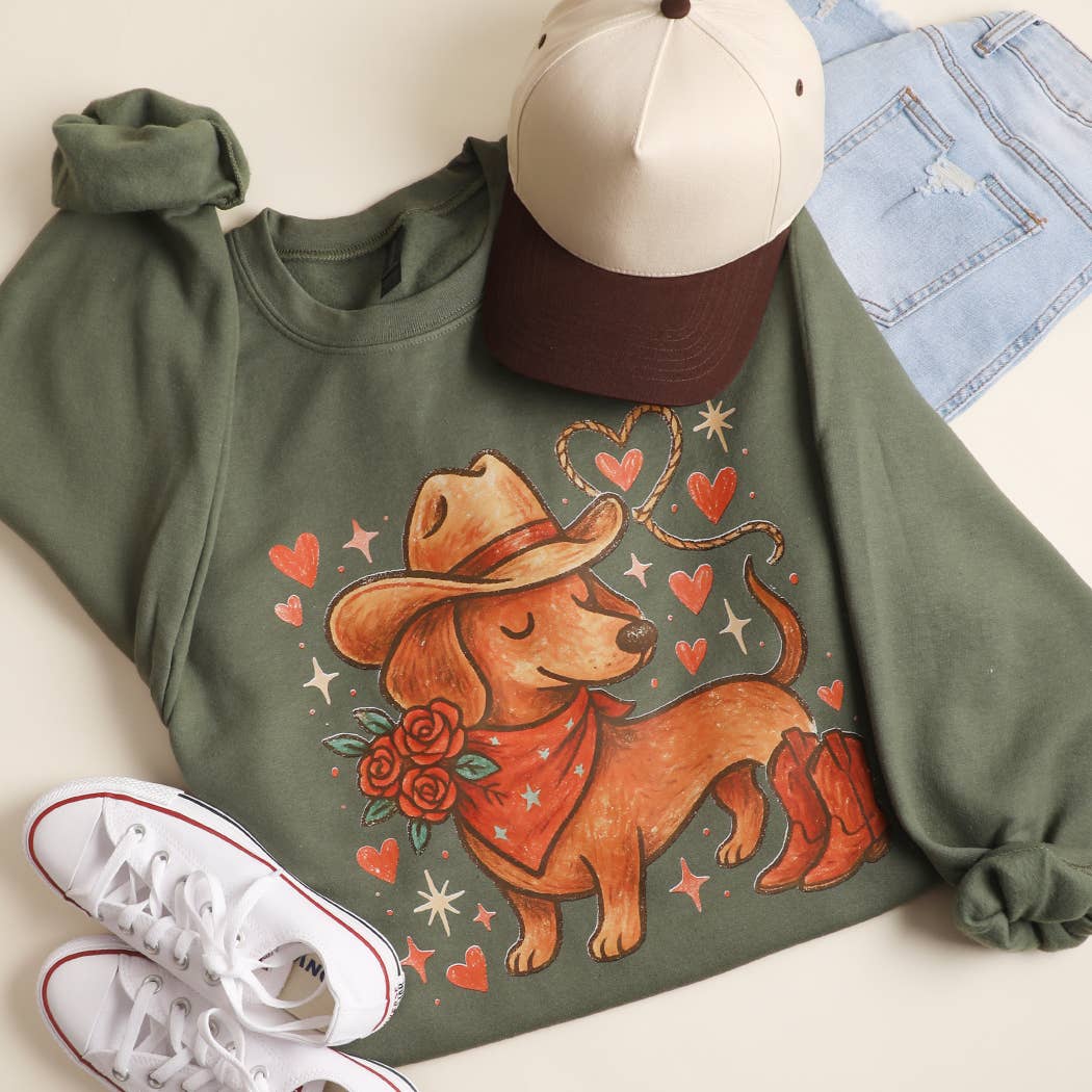 Western Dachshund Heavyweight Sweatshirt T-Shirts, Hoodie | PodWearCo.com