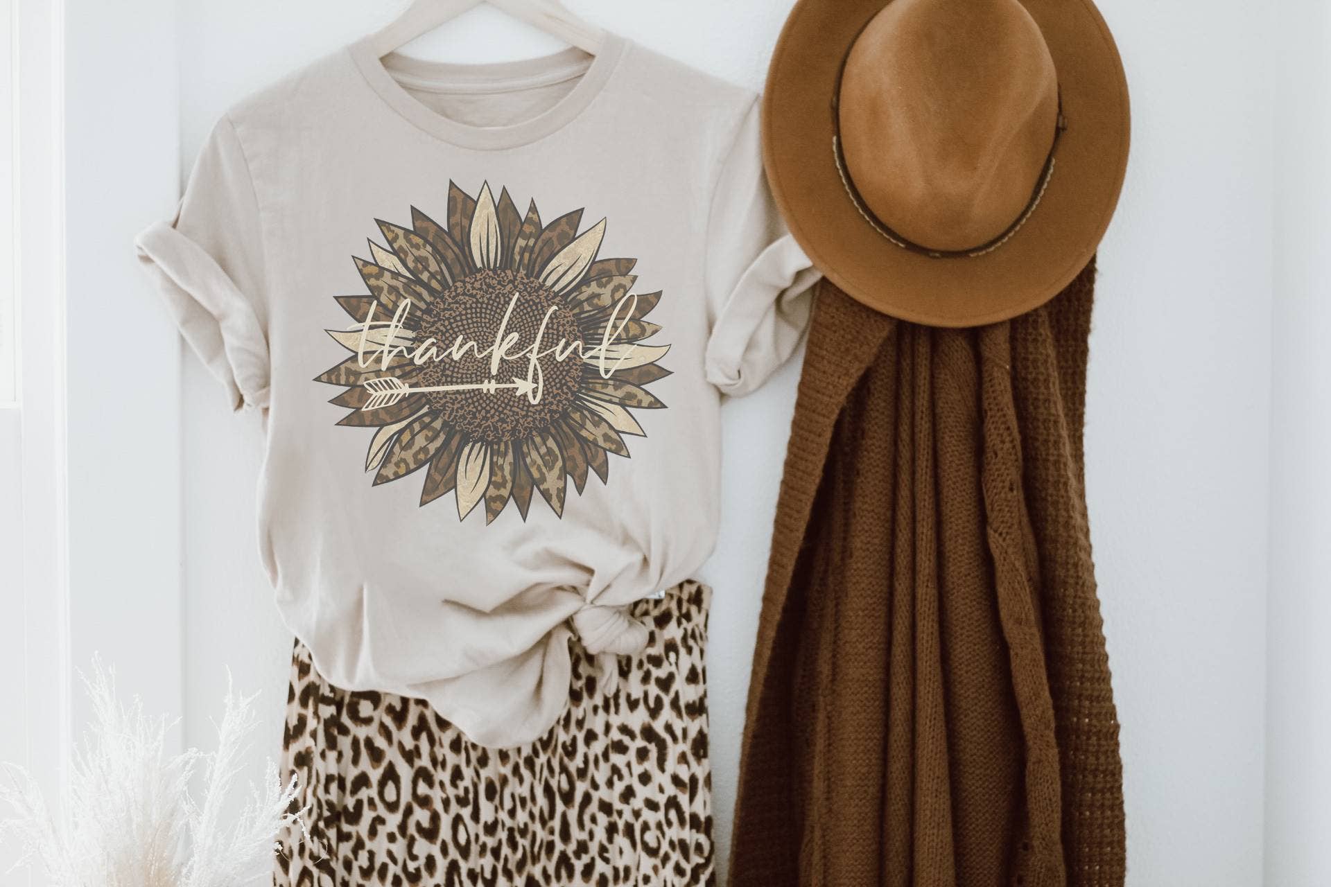Thankful Leopard Sunflower Women's Screen Printed T-Shirt Hoodie, Sweatshirt | PodWearCo.com