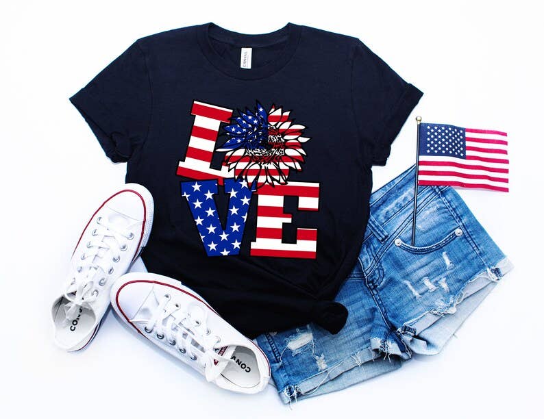 Love American Flag with Sunflower T-Shirt Hoodie, Sweatshirt | PodWearCo.com