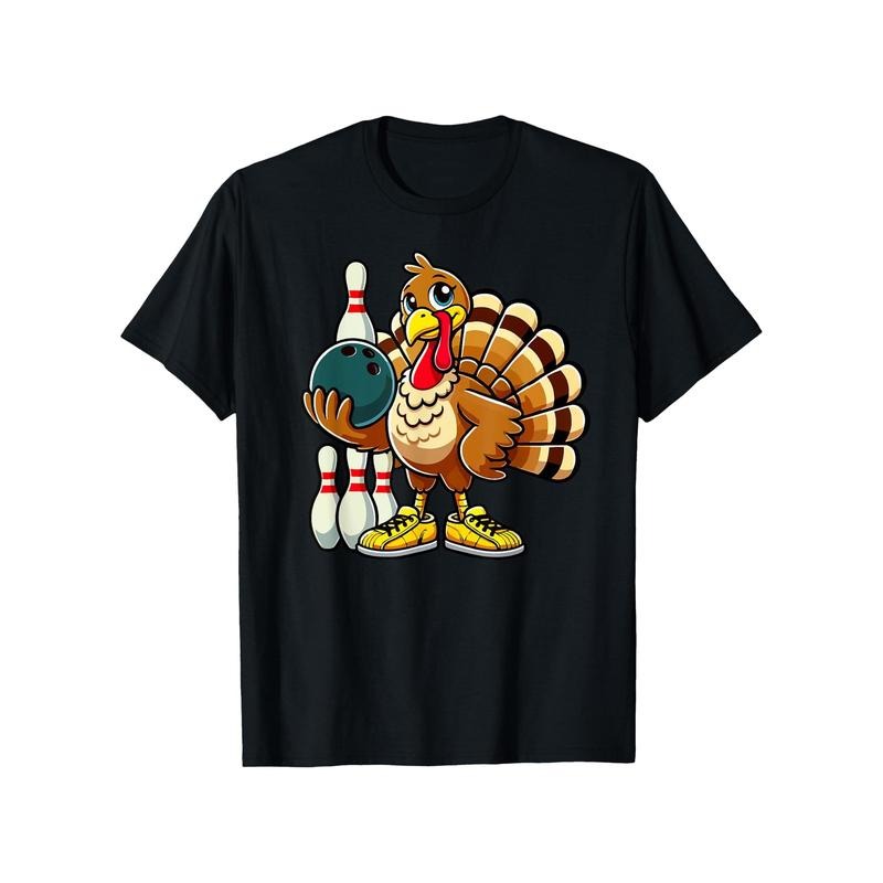 Men'S Casual Crew Neck T-Shirt with Turkey Bowling Graphic, Regular Fit, Knit Fabric, Slight Stretch, 180 g/m2 Cotton for...