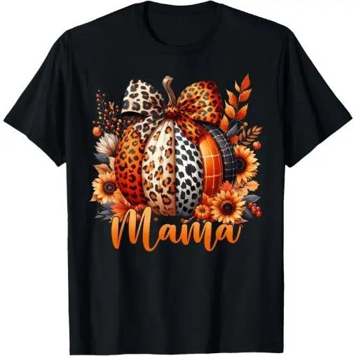 mama Thanksgiving Leopard Pumpkin Sunflower Coquette Bow T-Shirt Made in USA Hoodie, Sweatshirt | PodWearCo.com